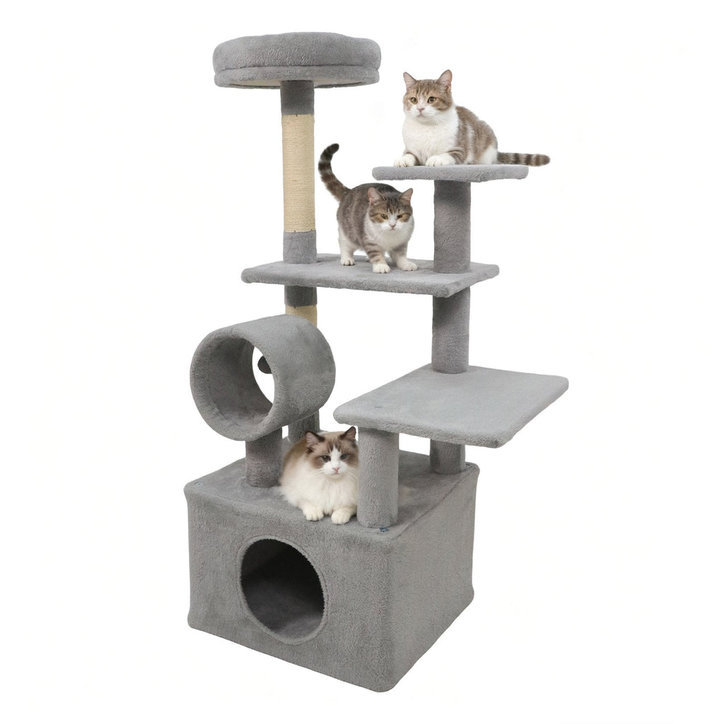 48 Inch Light Gray Cat Tree with Spacious Condo, Tunnel and Three Platforms