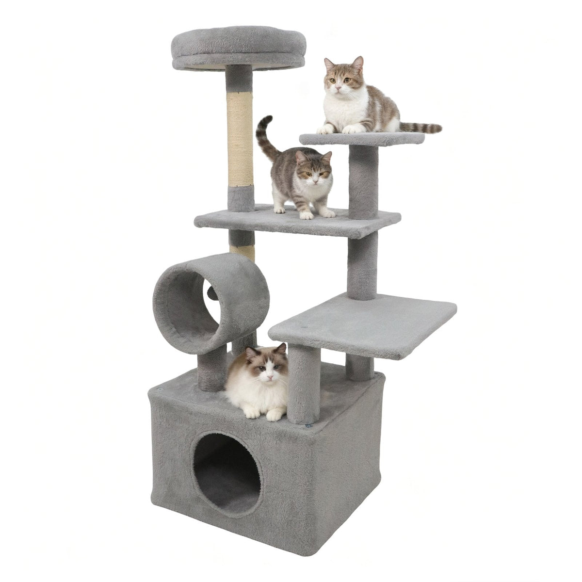 48 Inch Light Gray Cat Tree with Spacious Condo, Tunnel and Three Platforms