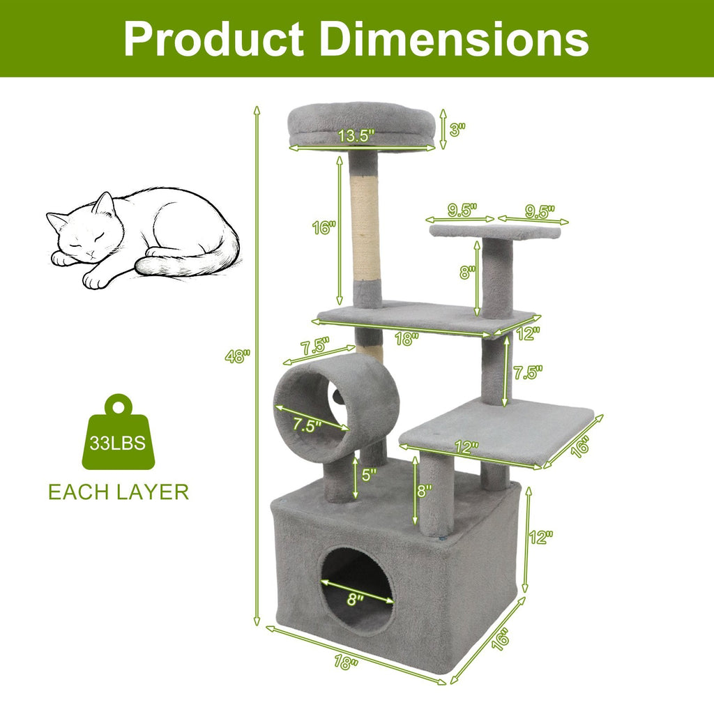 48 Inch Light Gray Cat Tree with Spacious Condo, Tunnel and Three Platforms