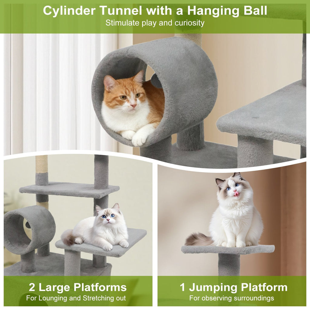 48 Inch Light Gray Cat Tree with Spacious Condo, Tunnel and Three Platforms