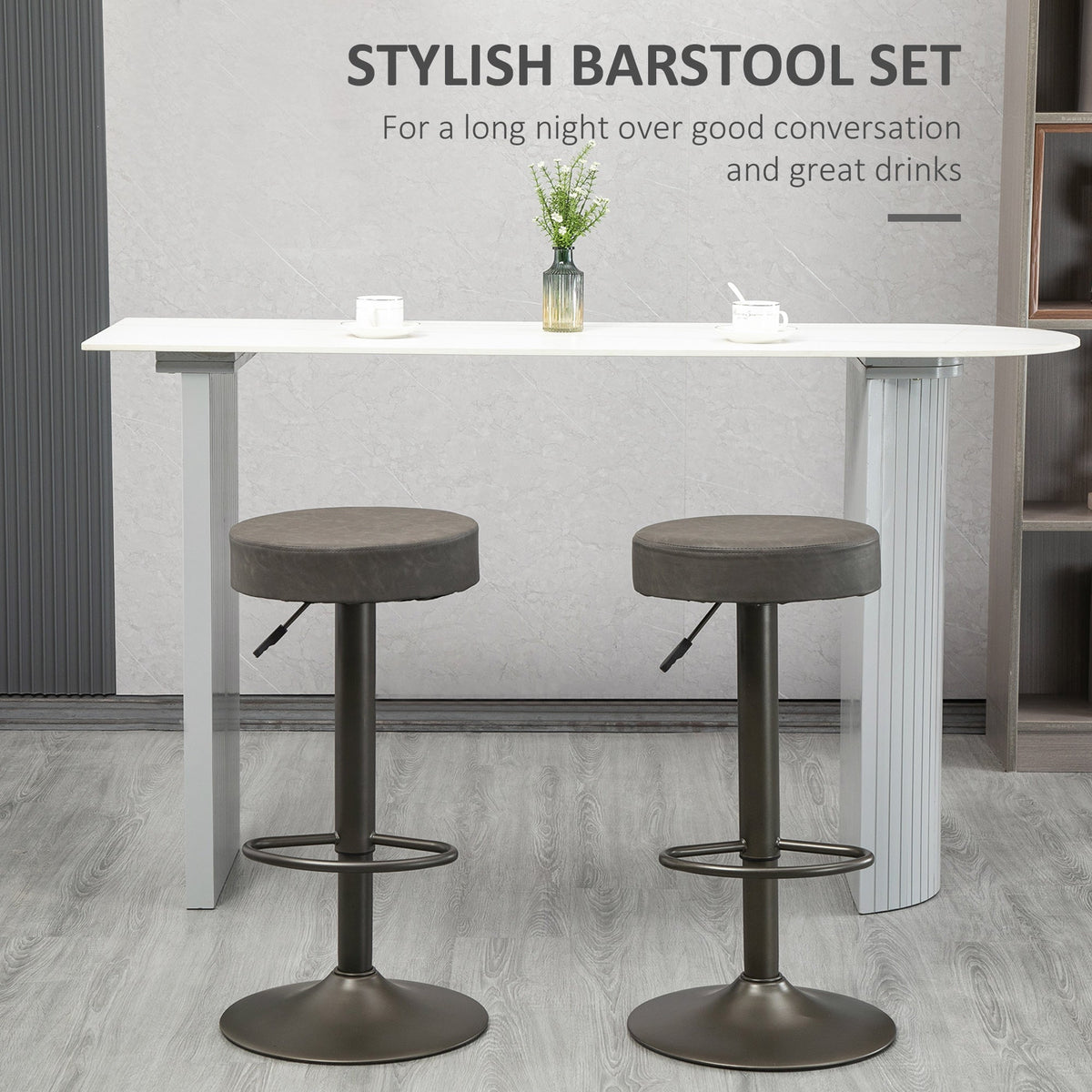 Modern Adjustable Bar Stools Set of 2, Swivel Barstool with Footrest, PU Leather Round Top for Kitchen, Dark Grey