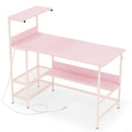48 Inch Computer Desk with Power Outlets and Storage Shelves-Pink