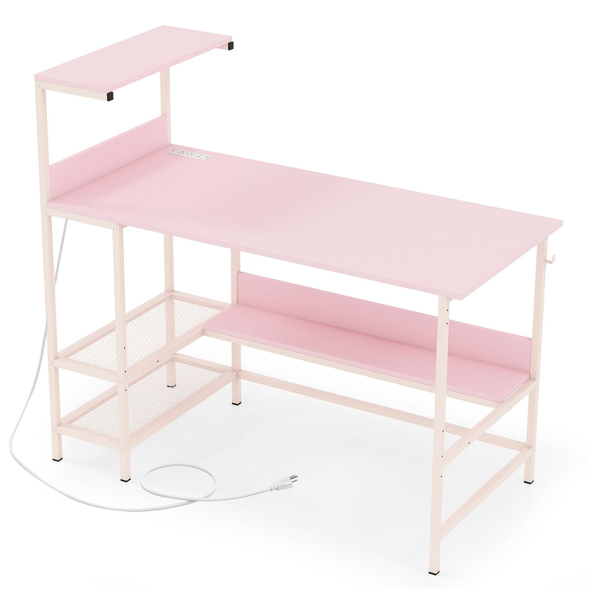 48 Inch Computer Desk with Power Outlets and Storage Shelves-Pink