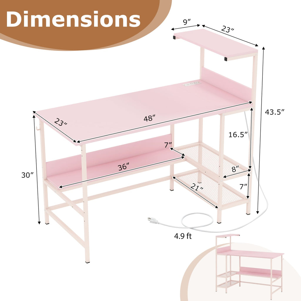 48 Inch Computer Desk with Power Outlets and Storage Shelves-Pink