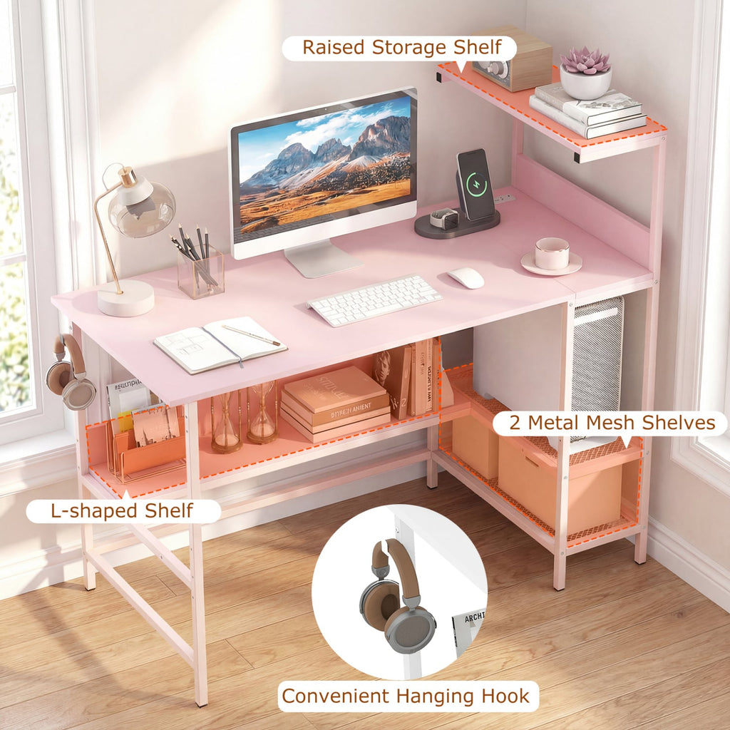 48 Inch Computer Desk with Power Outlets and Storage Shelves-Pink