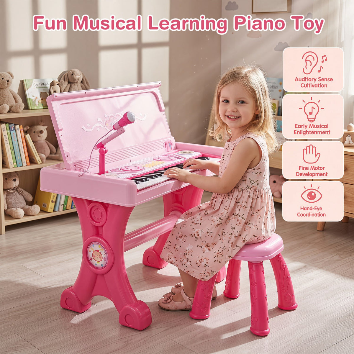 49 Keys Kids Electric Piano Keyboard Toy w/ Stool & Microphone Lights & Multiple Sounds-Pink