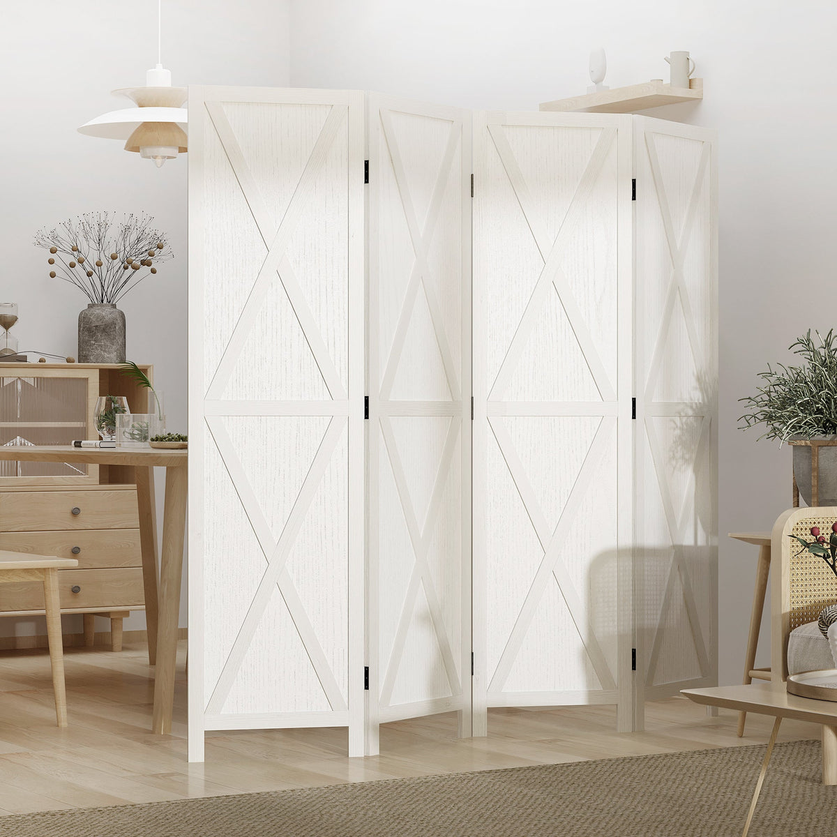4-panel Wall Partition Farmhouse Room Separator with Foldable Design Wooden Frame 5.6FT, Walnut