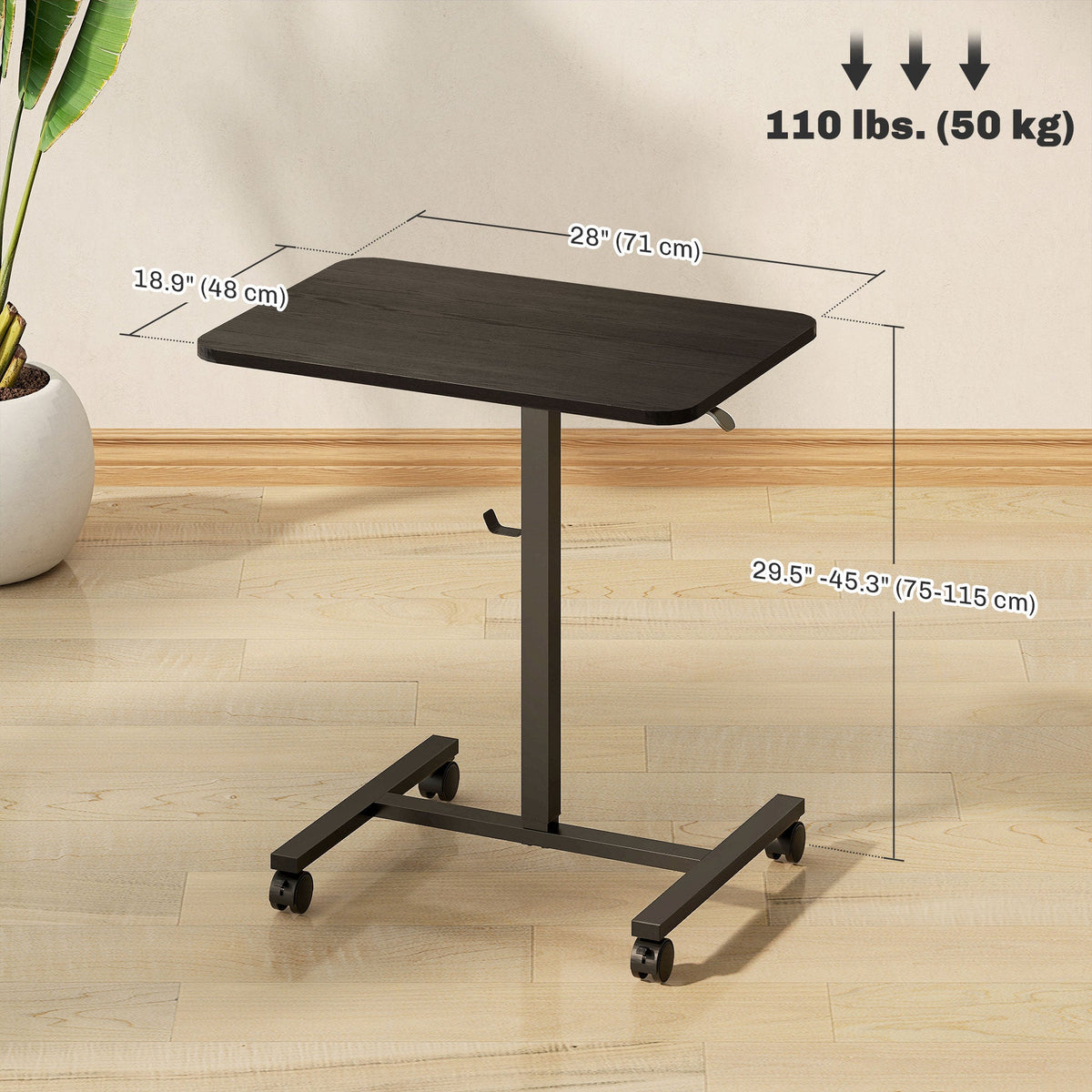 Height Adjustable Standing Desk, Pneumatic Sit Stand Desk with Wheels and Headphone Hook, Grey Wood Grain