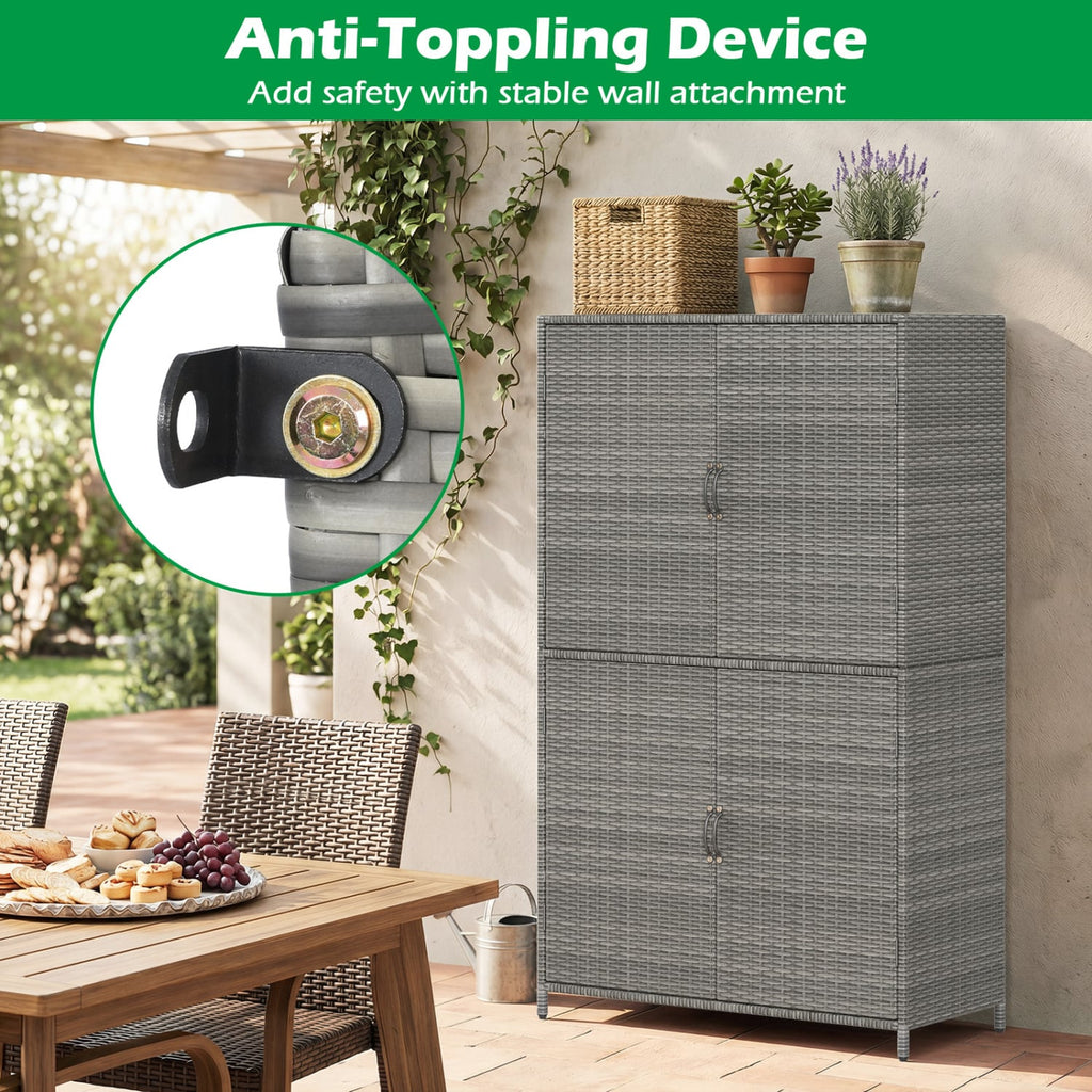 4-Door Rattan Vertical Storage Shed with Adjustable Shelves-Gray
