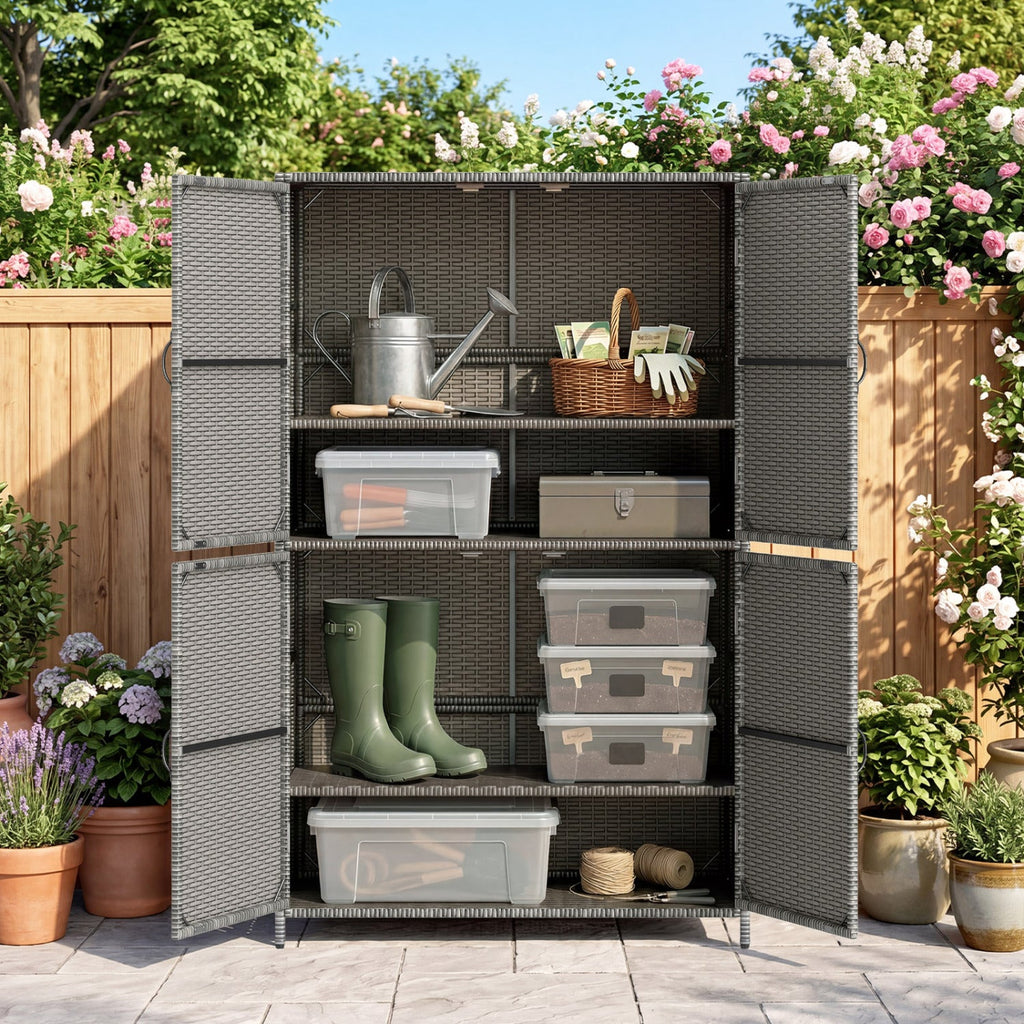 4-Door Rattan Vertical Storage Shed with Adjustable Shelves-Gray