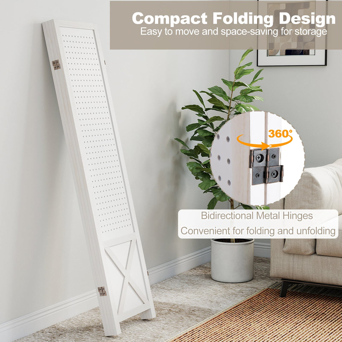 4-Panel Pegboard Room Divider 67 Inches Tall Foldable Privacy Screen