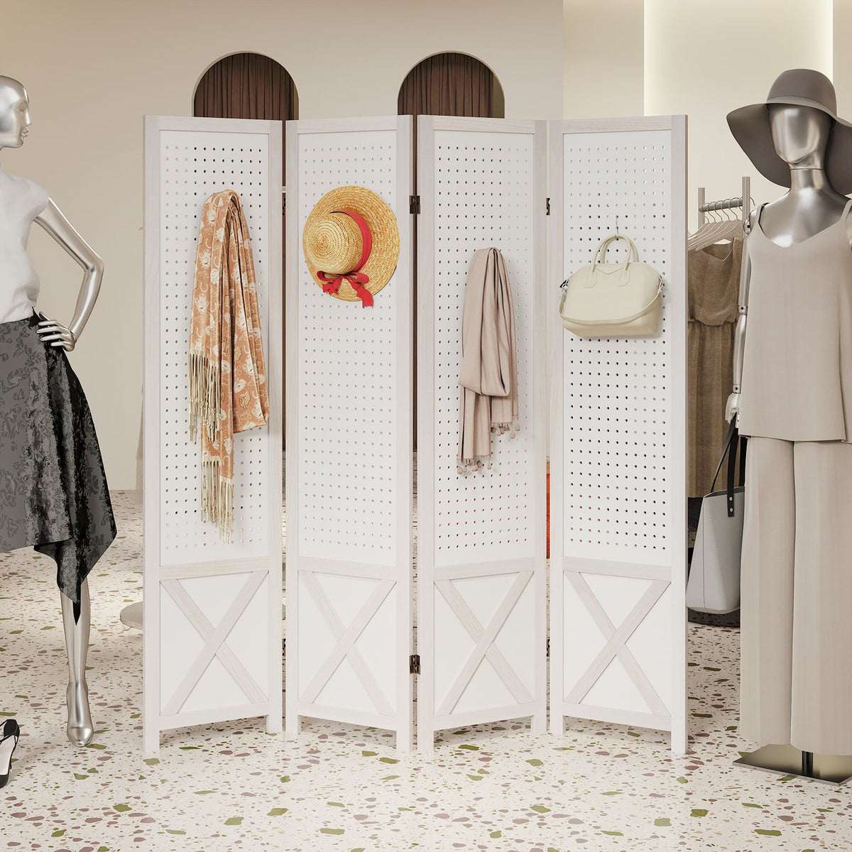 4-Panel Pegboard Room Divider 67 Inches Tall Foldable Privacy Screen