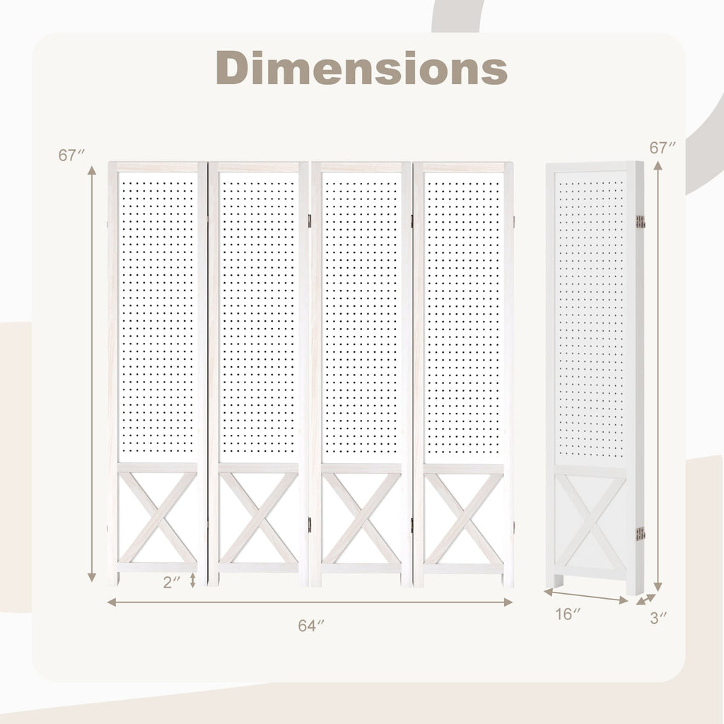 4-Panel Pegboard Room Divider 67 Inches Tall Foldable Privacy Screen