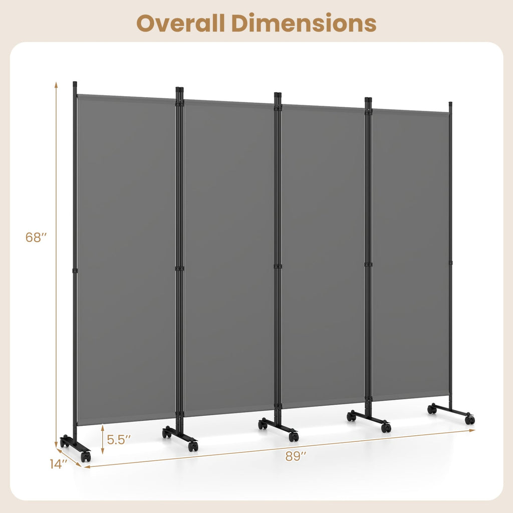 4-Panel Room Divider with Lockable Wheels for Living Room-Gray