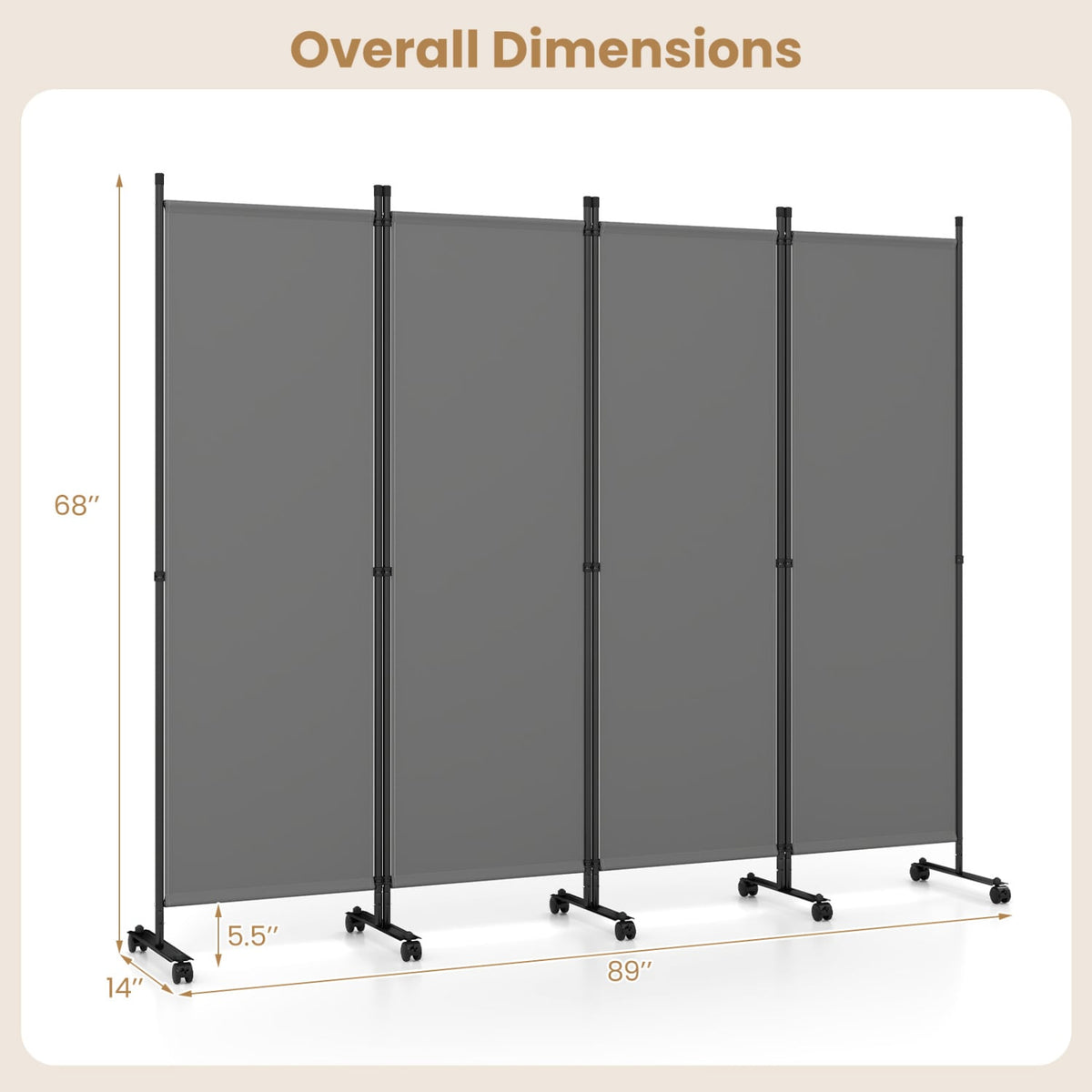 4-Panel Room Divider with Lockable Wheels for Living Room-Gray