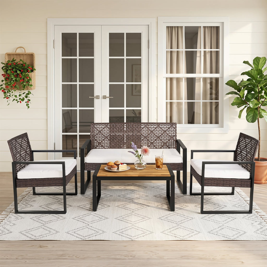 4 Piece Diamond Weave Wicker Patio Set with Acacia Coffee Table, Brown and Black