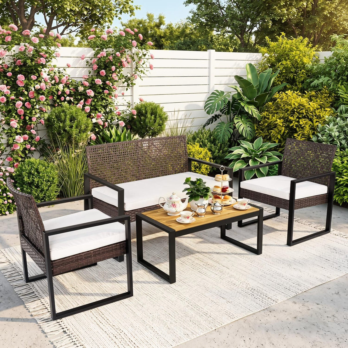 4 Piece Diamond Weave Wicker Patio Set with Acacia Coffee Table, Brown and Black