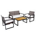 4 Piece Diamond Weave Wicker Patio Set with Acacia Coffee Table, Brown and Black