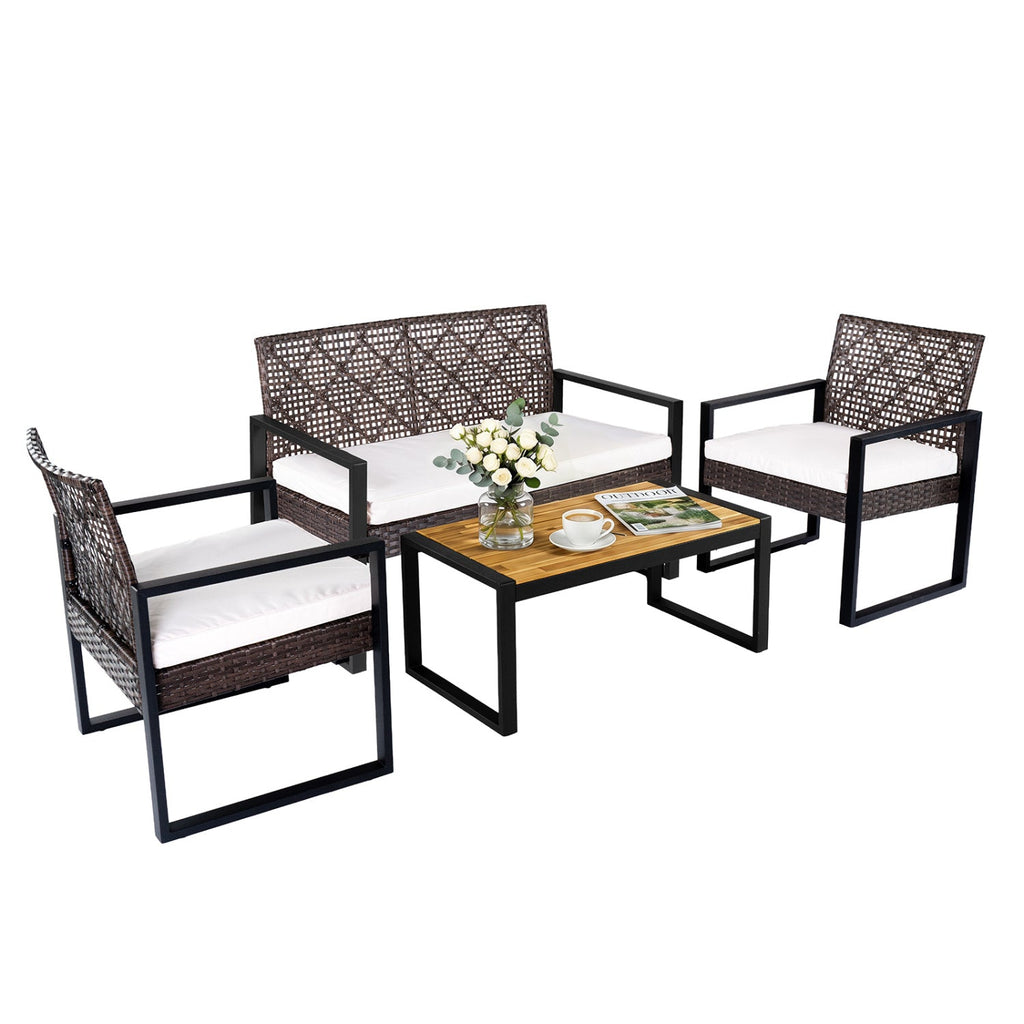 4 Piece Diamond Weave Wicker Patio Set with Acacia Coffee Table, Brown and Black