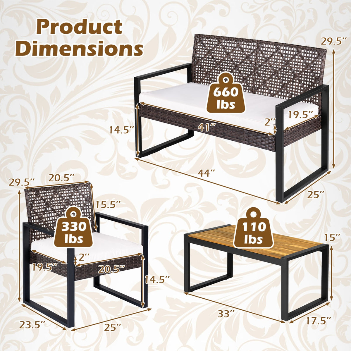 4 Piece Diamond Weave Wicker Patio Set with Acacia Coffee Table, Brown and Black
