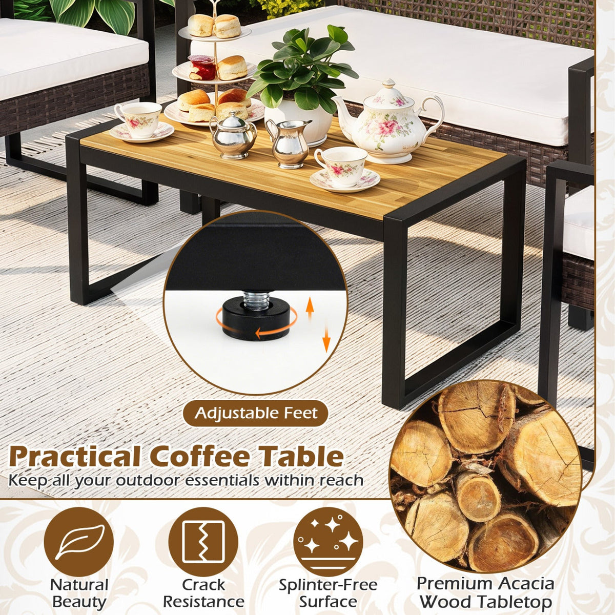 4 Piece Diamond Weave Wicker Patio Set with Acacia Coffee Table, Brown and Black