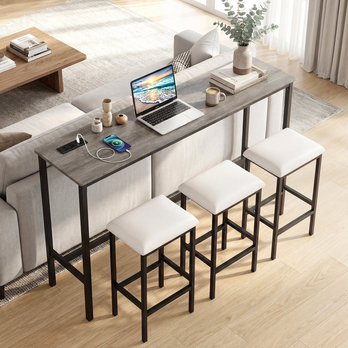 4 Pieces Counter Height Bar Table with Power Outlet with 3 Padded Stools-Gray