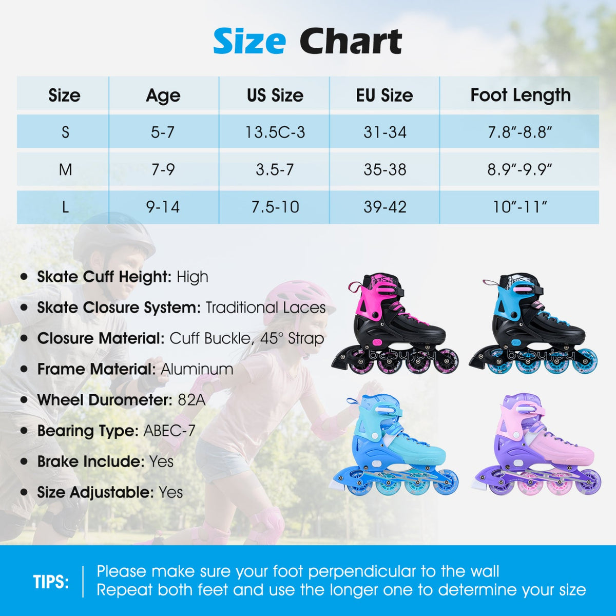 4-Size Adjustable Light-Up Kids Inline Skates for Kids Ages 9-14-Black