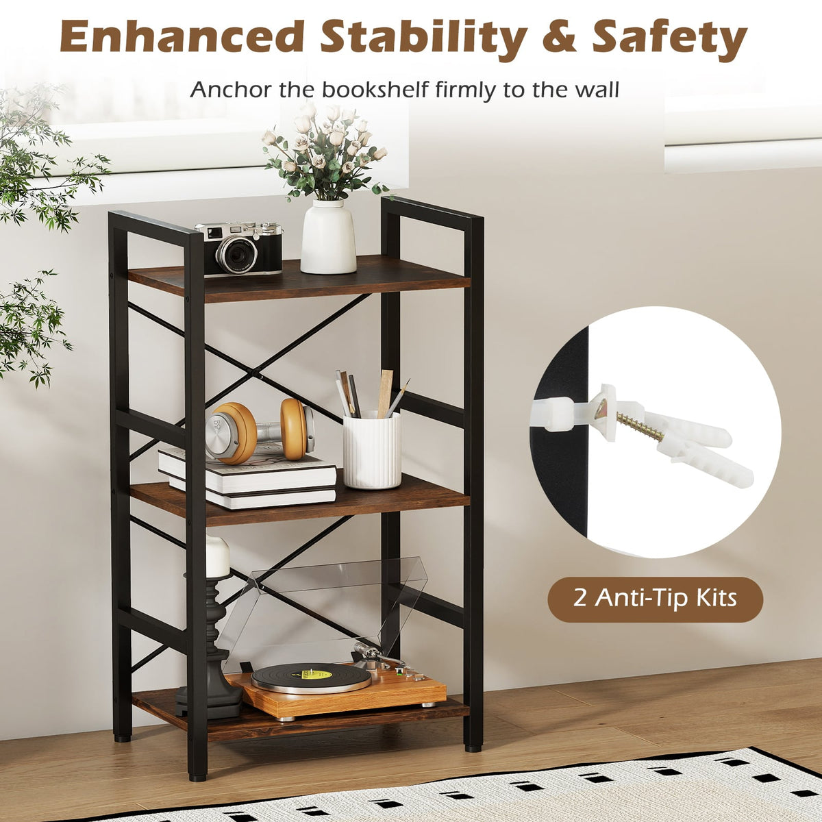 4-Tier Bookshelf with Metal Frame and Wooden Storage Racks for Study-Rustic Brown