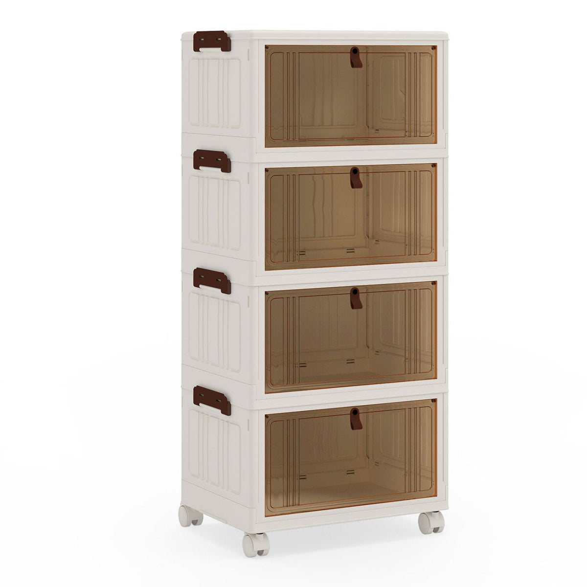 4-Tier Collapsible Shoe Box Lid Doors and Lockable Wheels-White