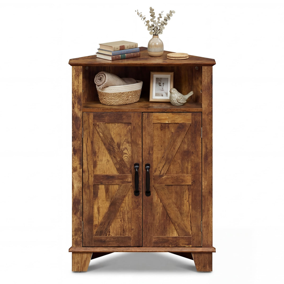4-Tier Corner Storage Cabinet with Open Shelf-RusticBrown