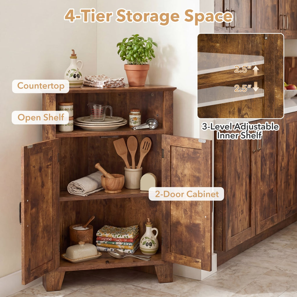 4-Tier Corner Storage Cabinet with Open Shelf-RusticBrown