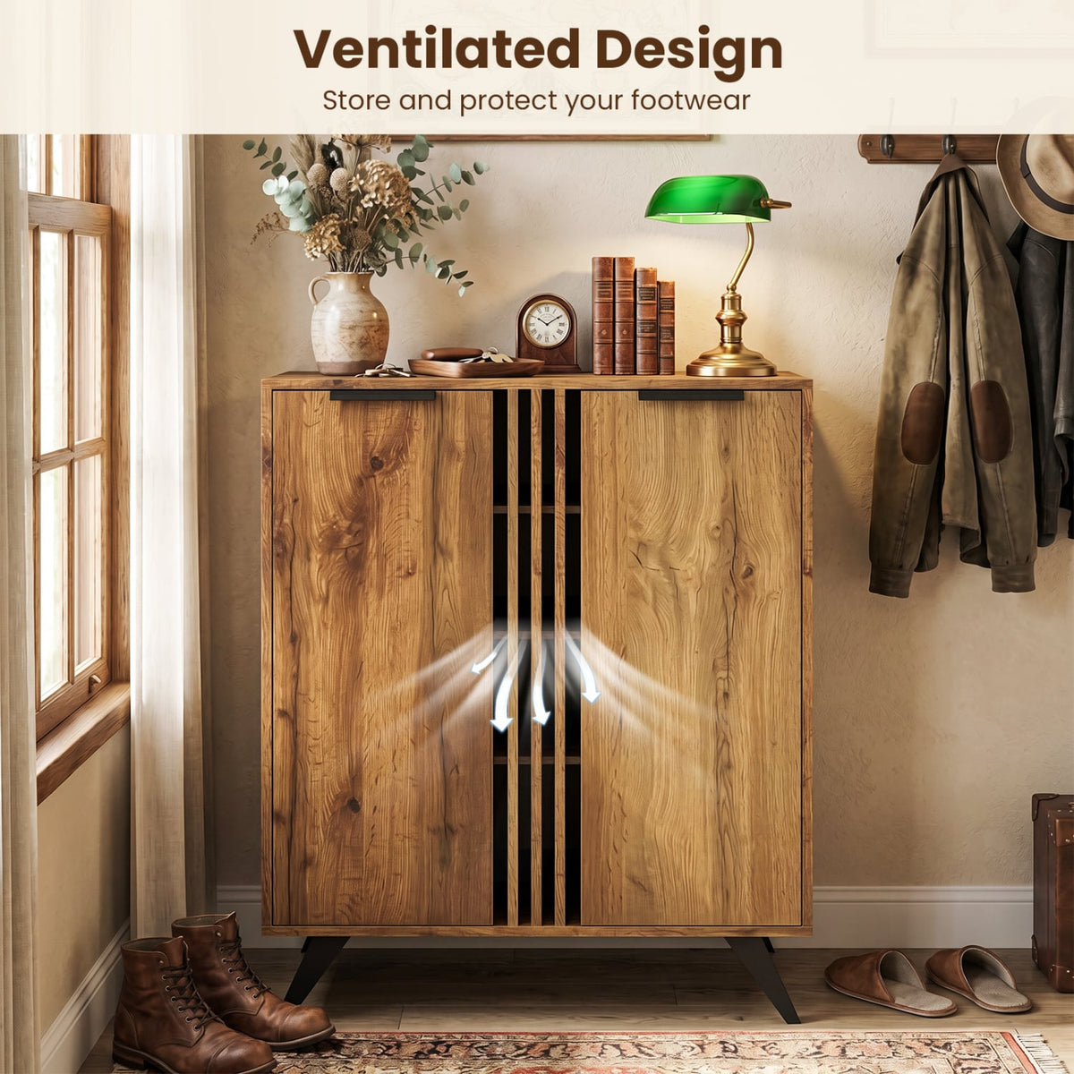 4-Tier Modern Freestanding Hidden Shoe Cabinet with 2 Doors-Natural