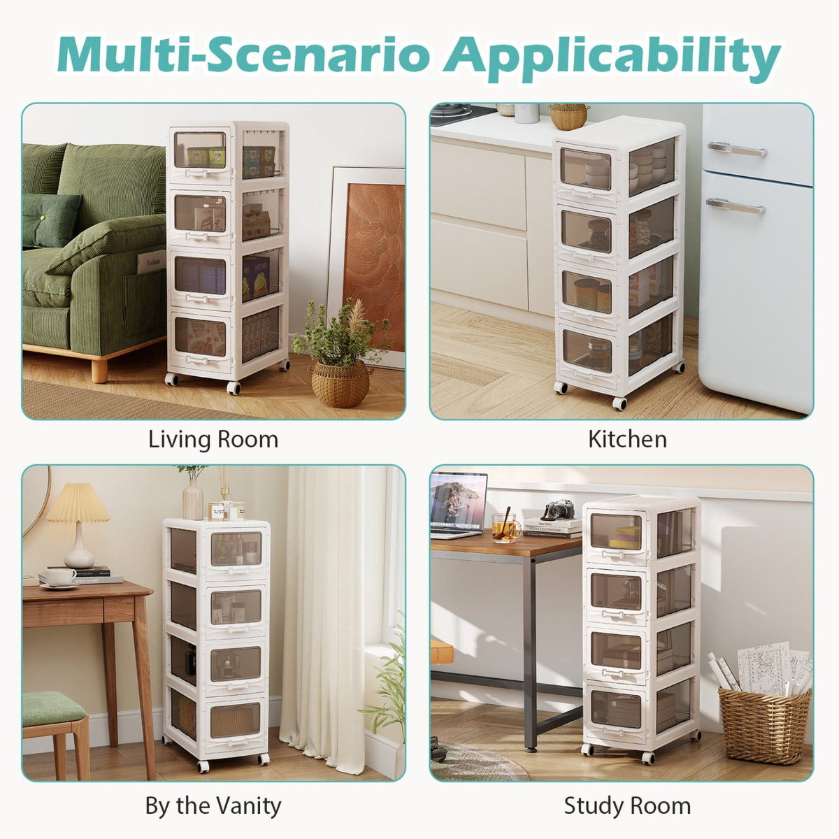 4-Tier Plastic Drawer Storage Organizer Rolling Cart with 3/4/5 Drawers and Lockable Wheels