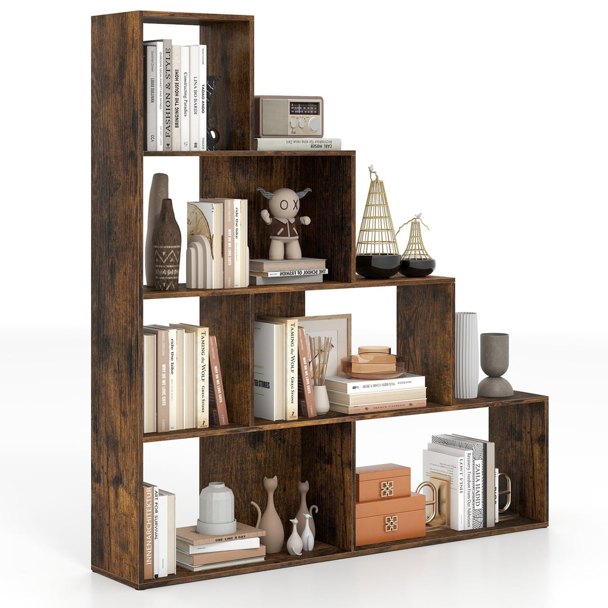 4-Tier Stepped Bookshelf Freestanding Ladder Storage Shelf with 6 Cubes-Rustic Brown