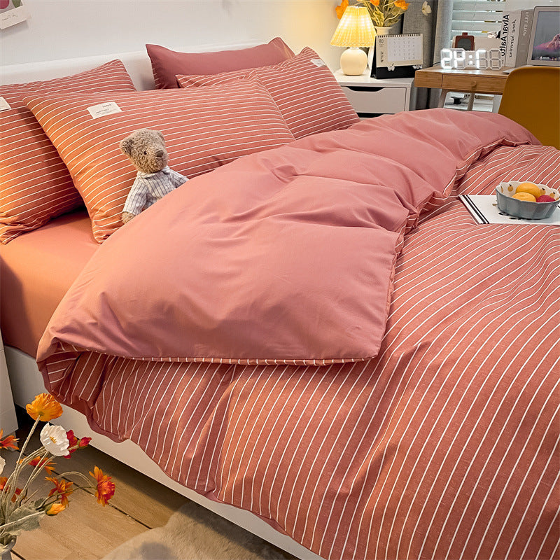 Pure Color Washed Cotton Plaid Striped Bedding Set