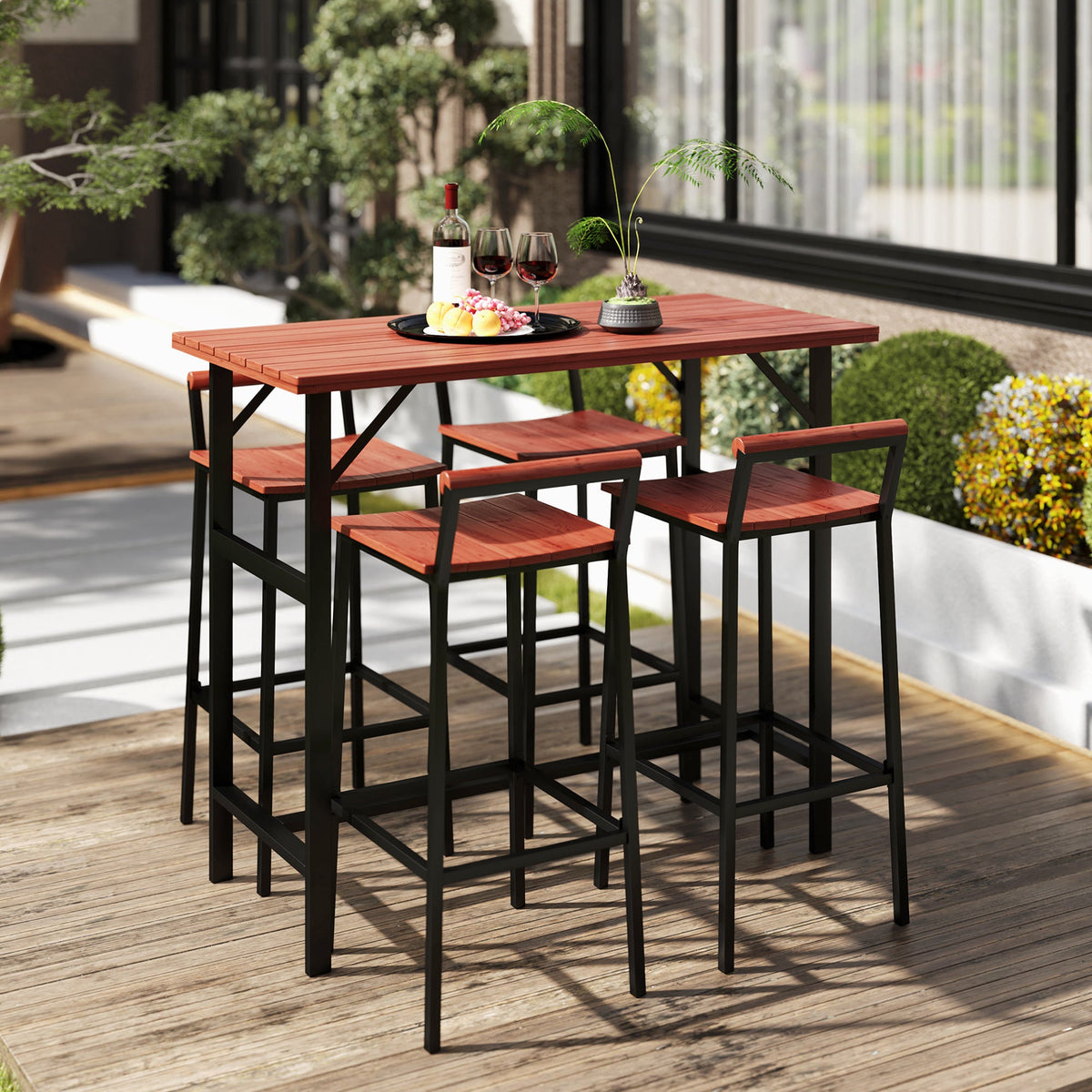 5 Piece Patio Bar Set with 47" Bar Height Table and 4 Bar Stools, for Backyard, Balcony, Porch, Pool, Lawn, Brown