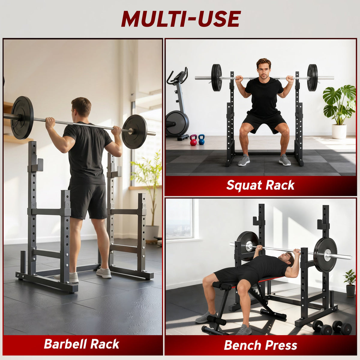 Adjustable Squat Rack, 660 lbs Multi-Function Barbell Rack for Weight Lifting and Home Gym Strength Training, Black