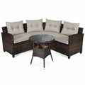4 Piece Rattan Patio Conversation Set, Curved Sofa, 2 Armchairs and Round Glass Table, Beige Cushions