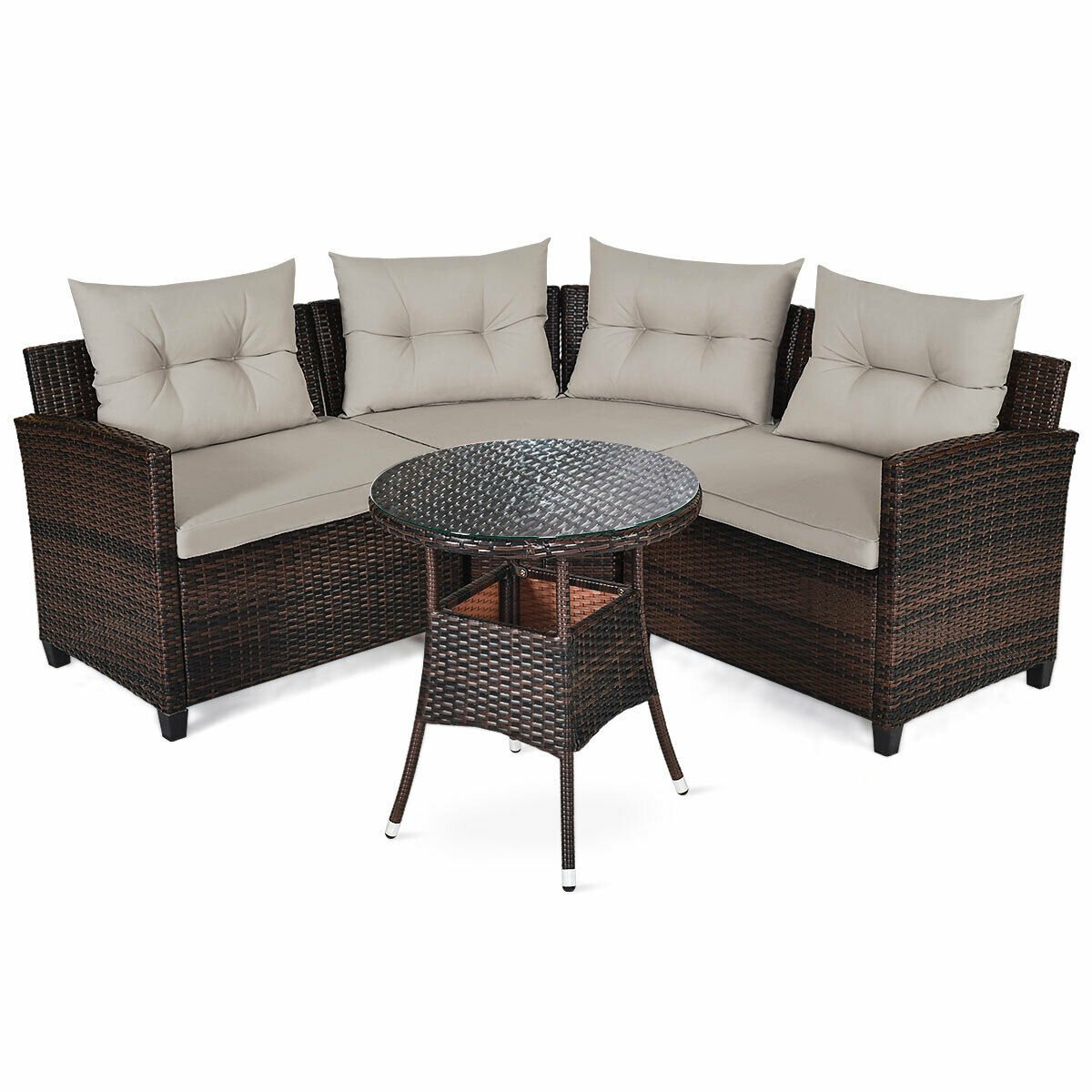 4 Piece Rattan Patio Conversation Set, Curved Sofa, 2 Armchairs and Round Glass Table, Beige Cushions