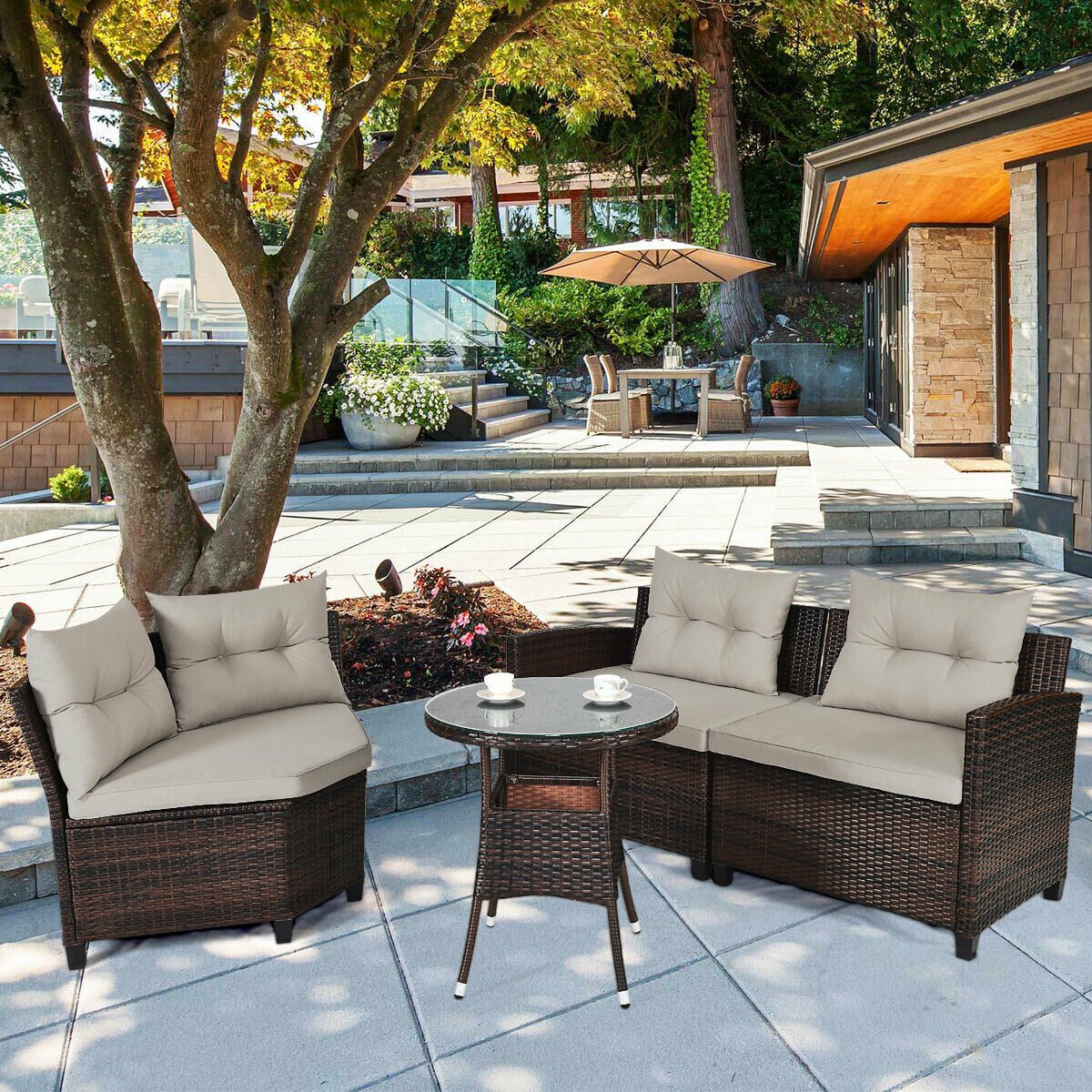 4 Piece Rattan Patio Conversation Set, Curved Sofa, 2 Armchairs and Round Glass Table, Beige Cushions