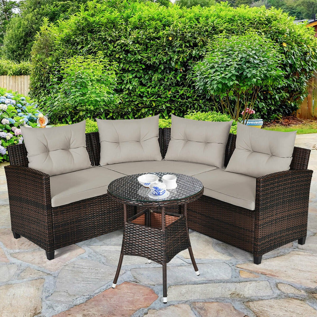 4 Piece Rattan Patio Conversation Set, Curved Sofa, 2 Armchairs and Round Glass Table, Beige Cushions