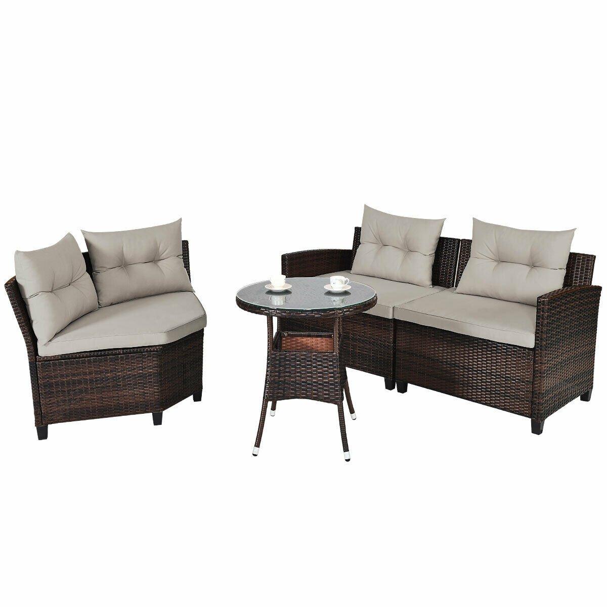 4 Piece Rattan Patio Conversation Set, Curved Sofa, 2 Armchairs and Round Glass Table, Beige Cushions