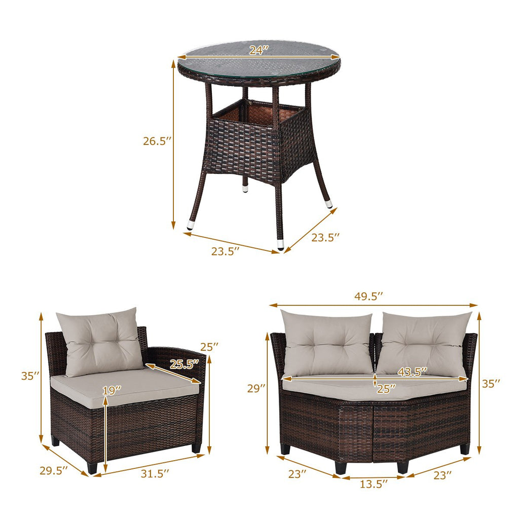 4 Piece Rattan Patio Conversation Set, Curved Sofa, 2 Armchairs and Round Glass Table, Beige Cushions