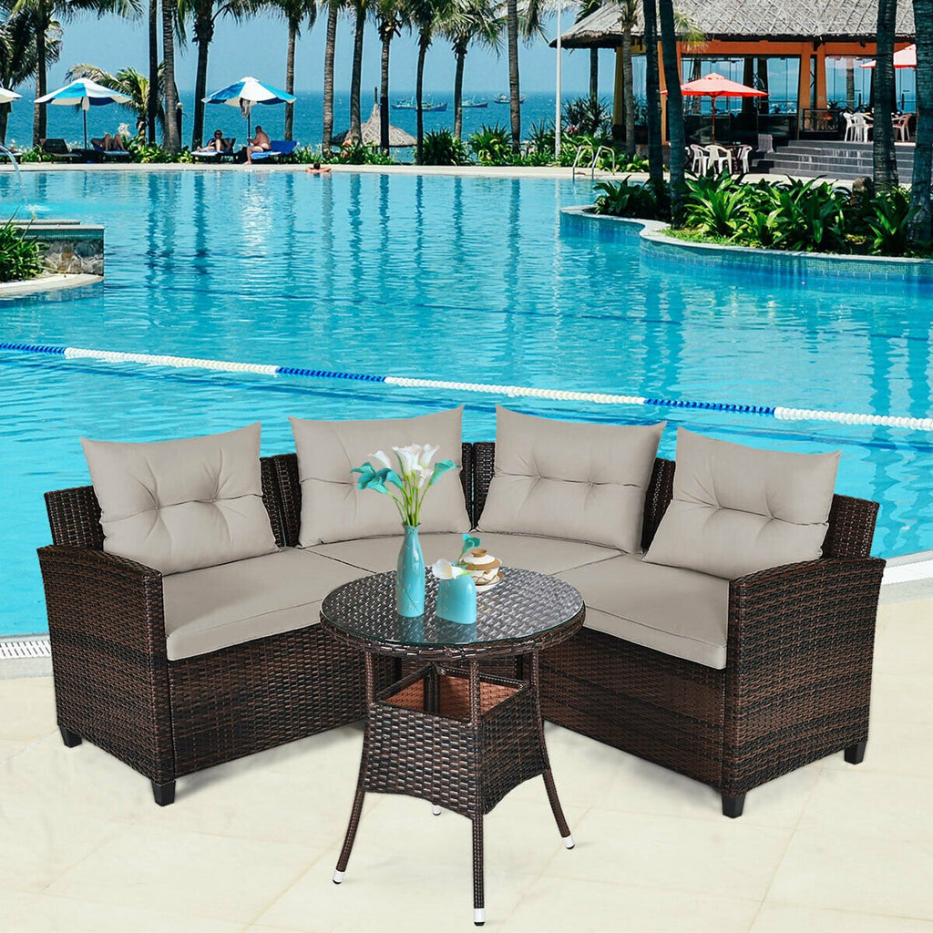 4 Piece Rattan Patio Conversation Set, Curved Sofa, 2 Armchairs and Round Glass Table, Beige Cushions