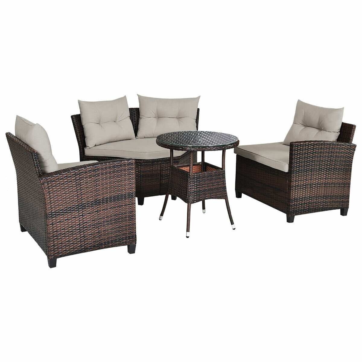 4 Piece Rattan Patio Conversation Set, Curved Sofa, 2 Armchairs and Round Glass Table, Beige Cushions
