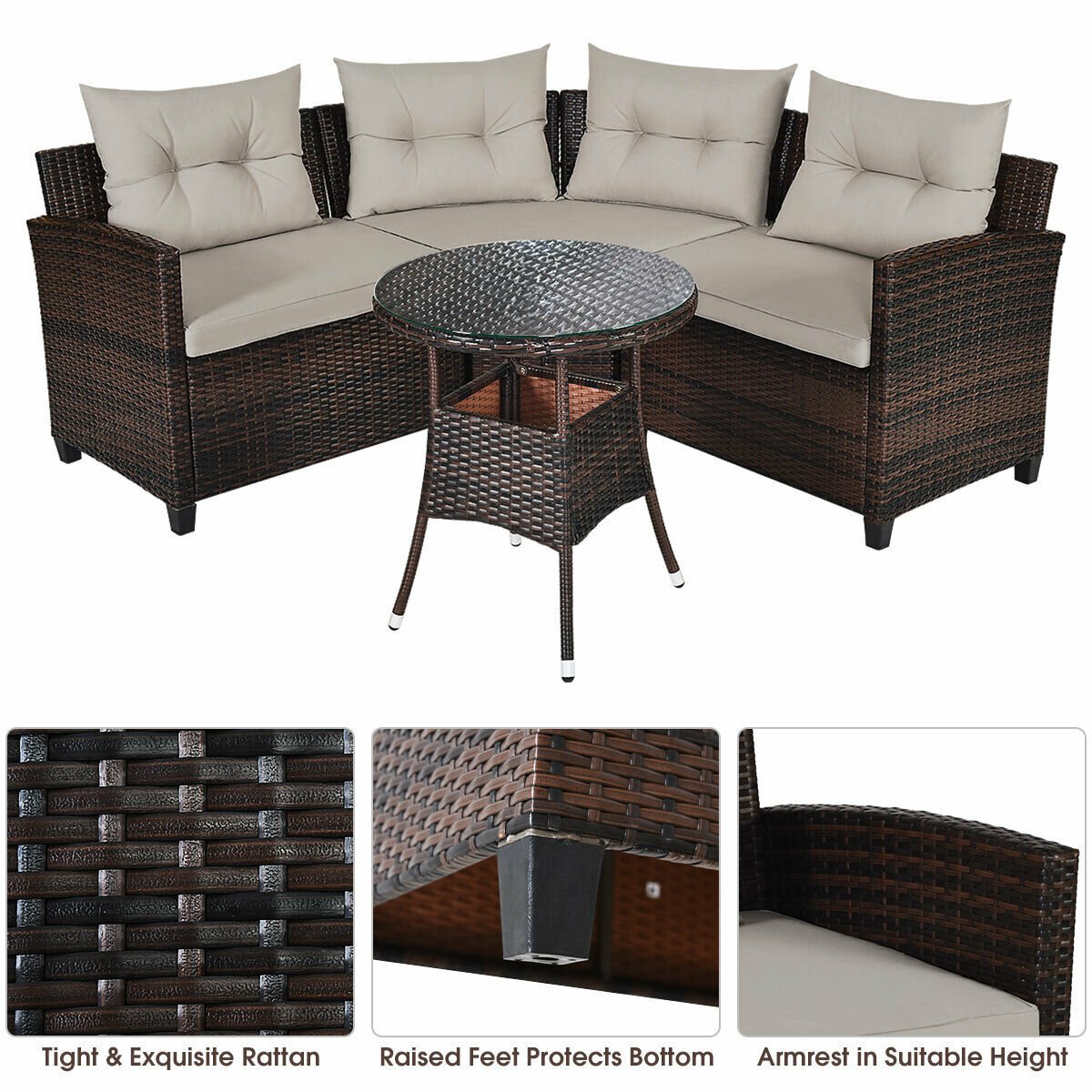 4 Piece Rattan Patio Conversation Set, Curved Sofa, 2 Armchairs and Round Glass Table, Beige Cushions