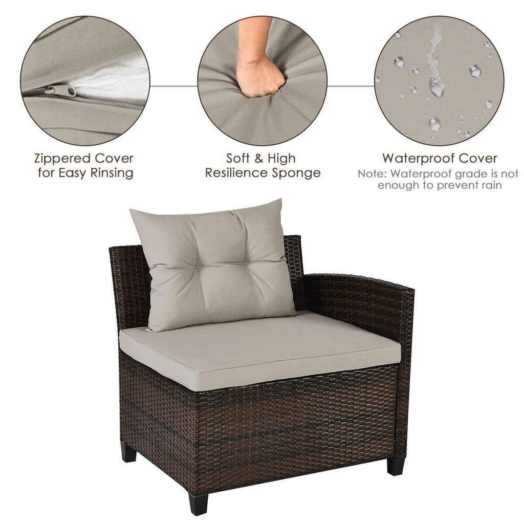 4 Piece Rattan Patio Conversation Set, Curved Sofa, 2 Armchairs and Round Glass Table, Beige Cushions