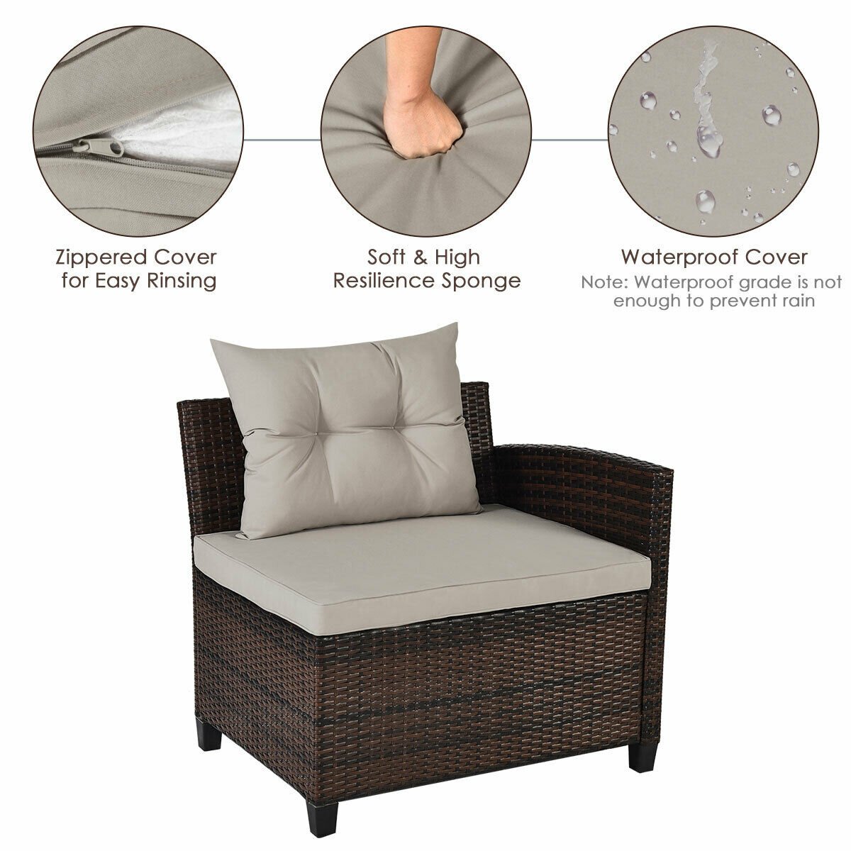4 Piece Rattan Patio Conversation Set, Curved Sofa, 2 Armchairs and Round Glass Table, Beige Cushions