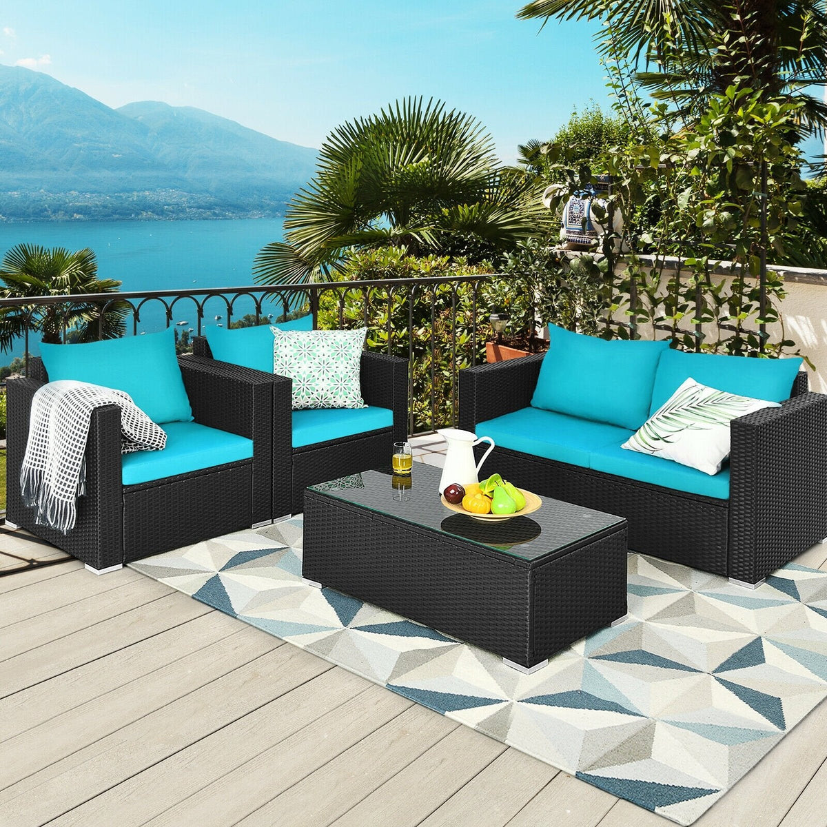 4 Piece Deep Seat Rattan Patio Conversation Set with Glass Coffee Table, Turquoise