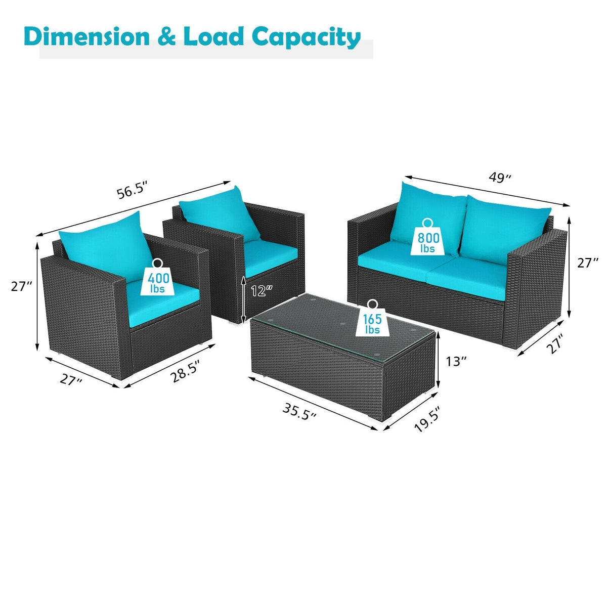 4 Piece Deep Seat Rattan Patio Conversation Set with Glass Coffee Table, Turquoise